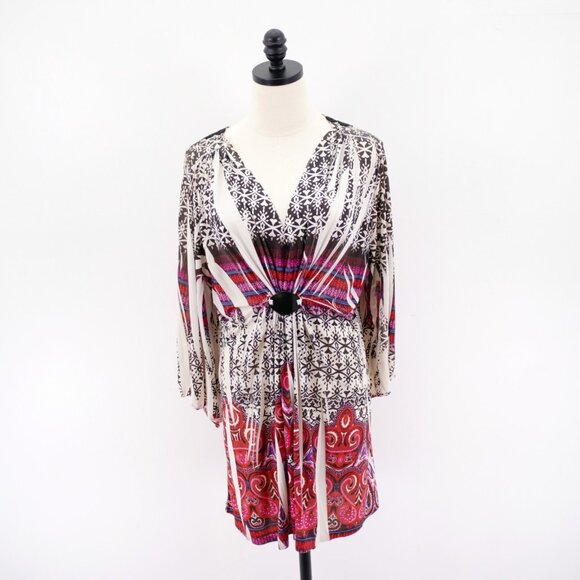 Style & Co. Large V-Neck Wrap Dress Lace Back‎ Line Black Red Geometric Flutter - Picture 1 of 8